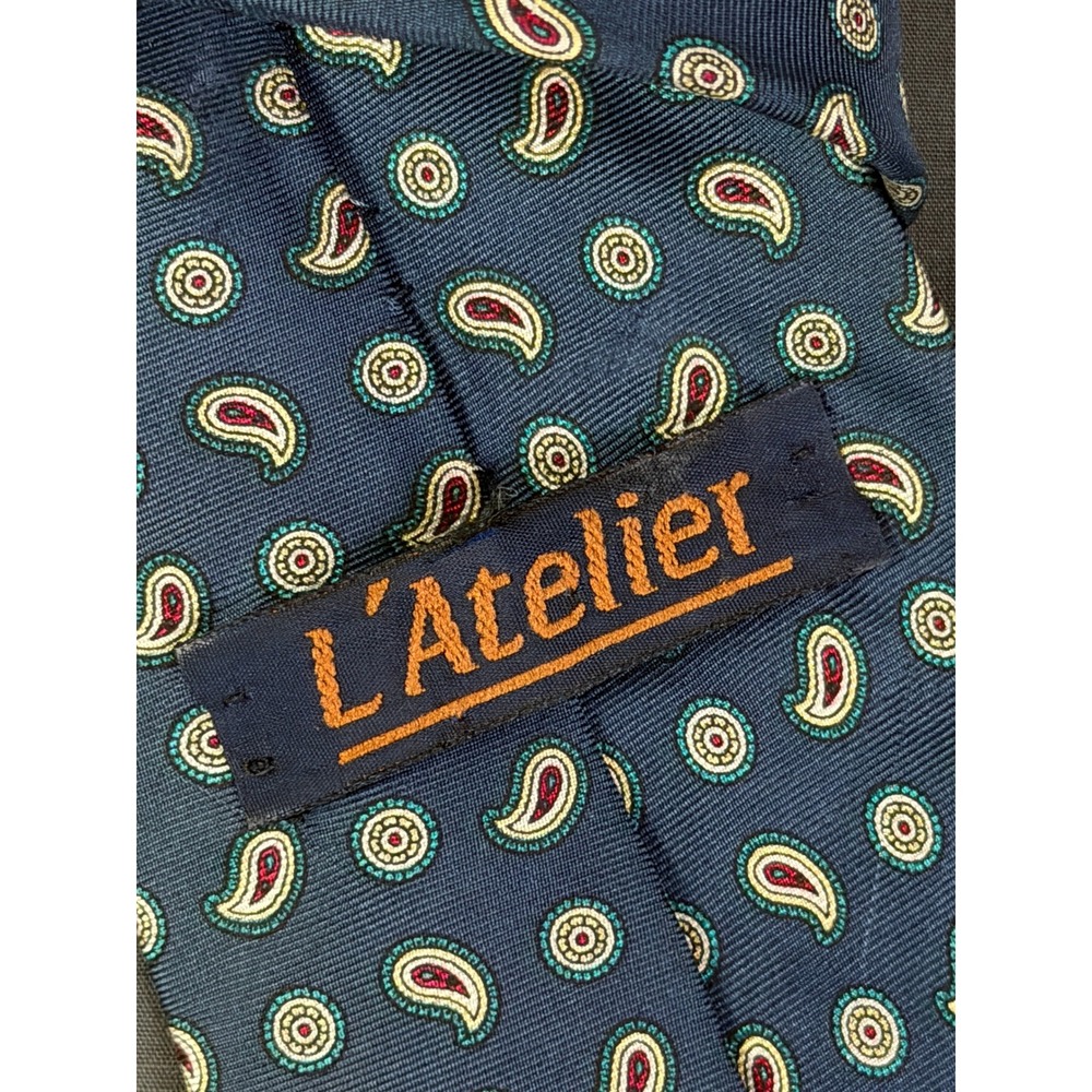 L'Atelier Paisley Tie Mens OS Navy Blue Excellent Italian Silk Made in USA - Picture 4 of 4
